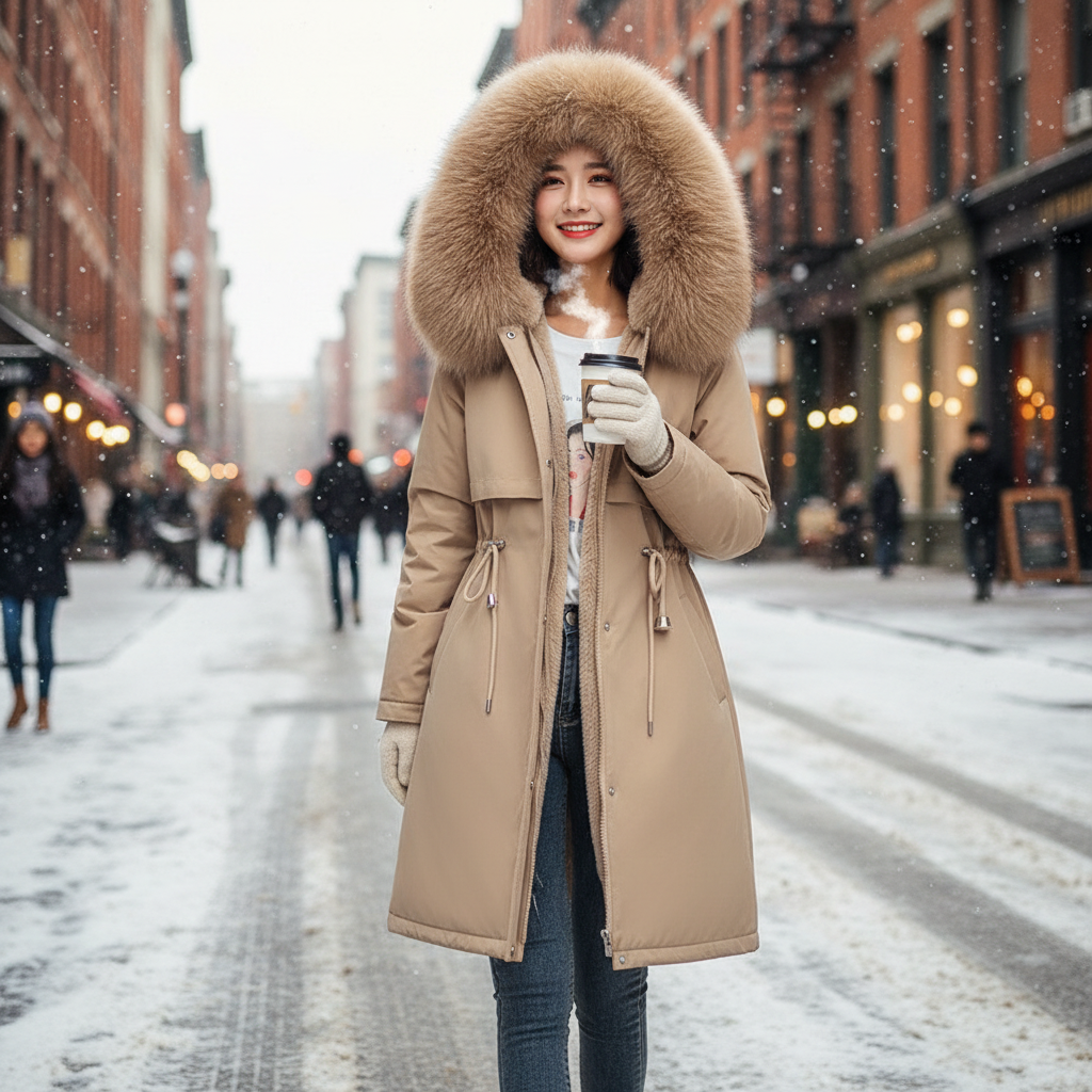 Women Winter Parka Warm Hooded Long Sleeve Zipper Thick Jackets Fur Collar Fleece Drawstring Long Coat Casual Streetwear Outwear