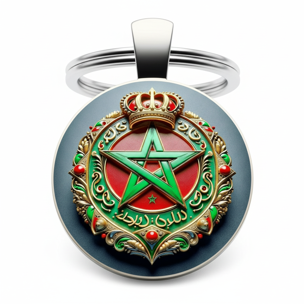 Porte-clés en alliage de zinc pour les fans marocains. Caractéristiques une étoile verte, une couronne et des motifs élégants. Un accessoire ou un cadeau élégant et durable.